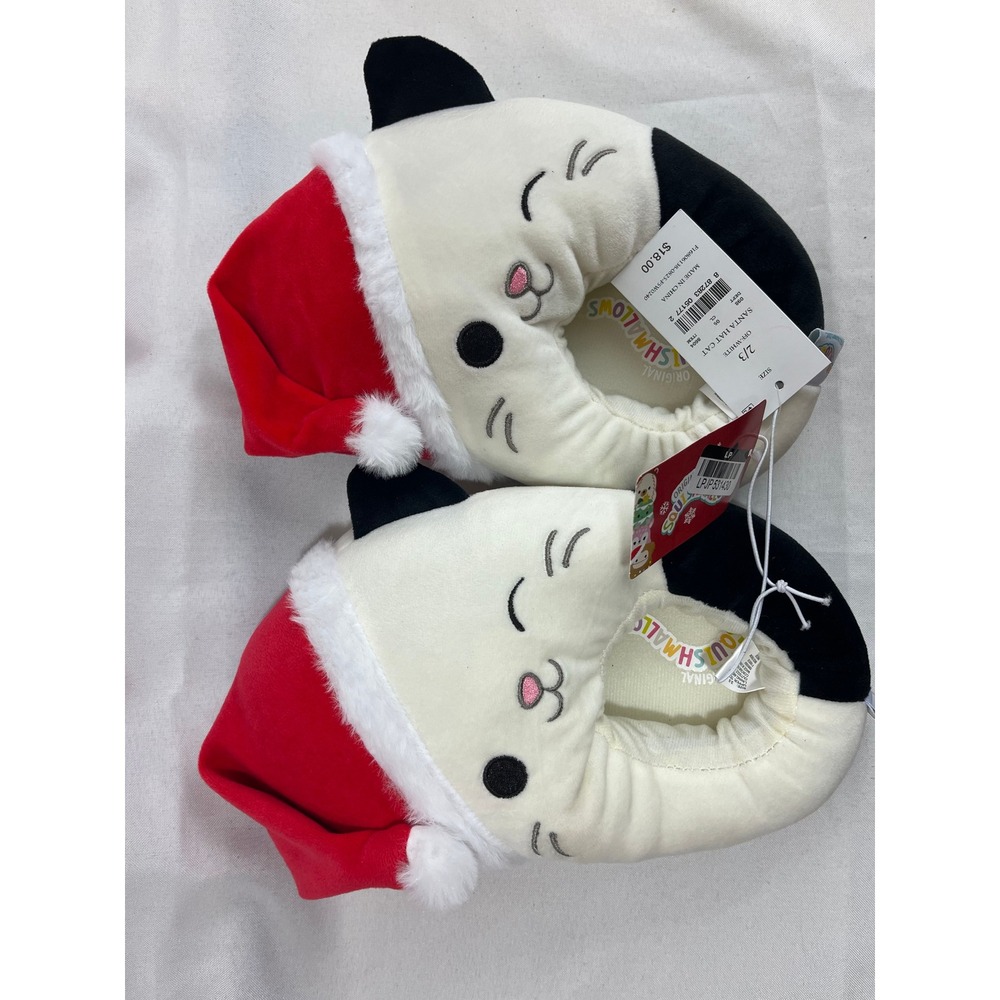 Squishmallows Santa Hat Cat Slippers Off-White Red Holiday Kids Size 2/3 NEW